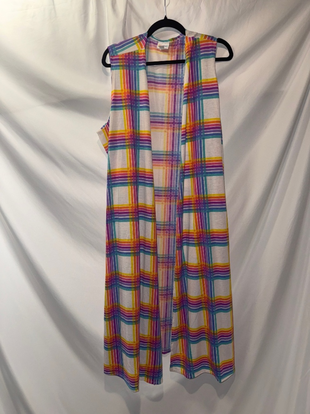 LuLaRoe Joy XL Pastel Rainbow Plaid Long Duster Vest Sleeveless